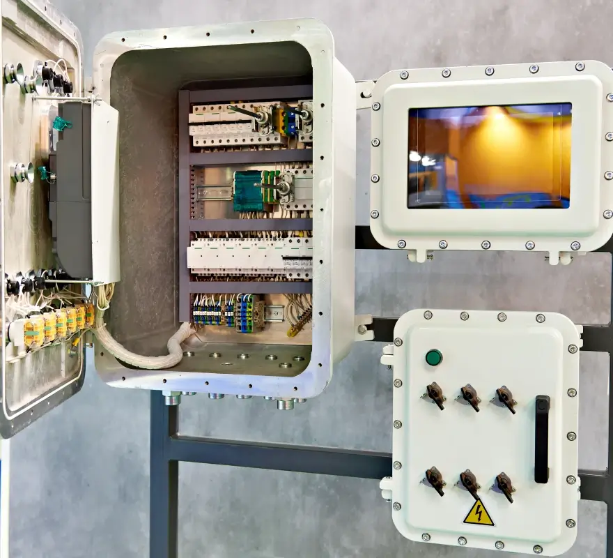 Explosion-proof electrical enclosure open showing interior wiring and components